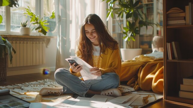 Young woman working remotely using smartphone in sunny living room for online tasks and research