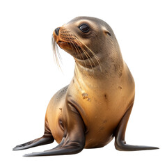 Obraz premium A Galapagos sea lion sits prominently against a plain white backdrop, showcasing its distinctive features, a galapagos sea lion isolated on transparent background