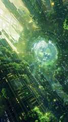 A cityscape of a futuristic urban environment with towering buildings surrounded by lush green trees and vegetation