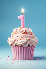 A pink cupcake with a lit candle on top, representing the number 1 on blue background. The cake is decorated with sprinkles, adding a festive touch to the celebration