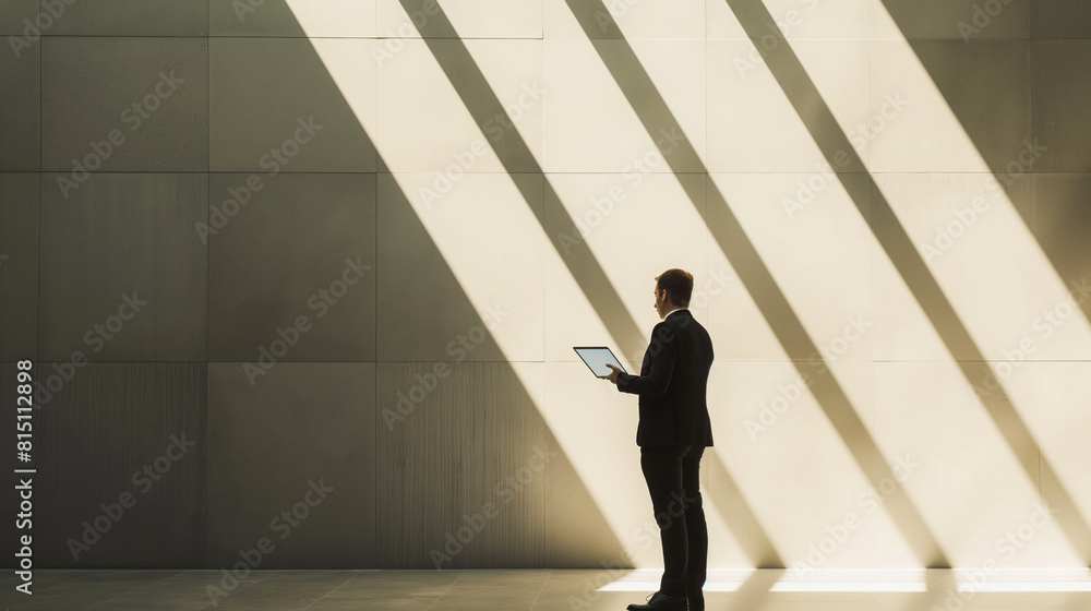 Poster office worker using a tablet in a minimalist environment