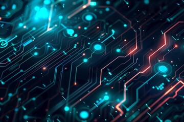 Obraz premium electronic circuit board, A futuristic circuitry pattern: the dark blue background now a sleek gunmetal gray. The glowing circles resemble data nodes, interconnected by neon cyan lines. A digital sym