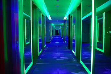 corridor in a hotel,  A futuristic hotel corridor: the neon green lighting shifted to electric blue, guiding guests toward their rooms. The mirrored panels create an illusion of endless space. 