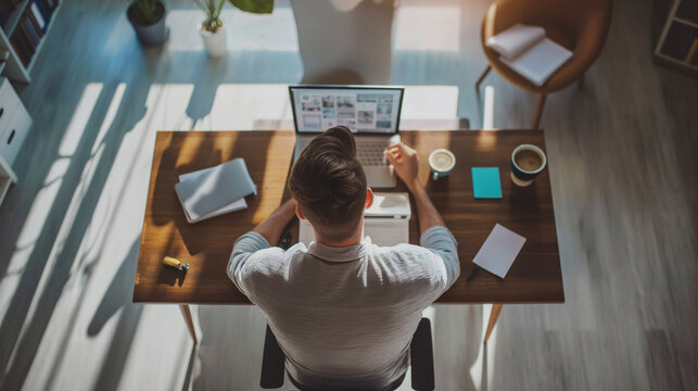 Businessman brainstorming ideas in a minimalist workspace