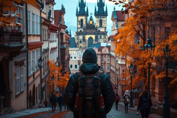 Man Walking Down Cobblestone Street in Prague