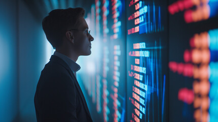 Fototapeta premium Businessman reviewing stock market data on a minimalist screen