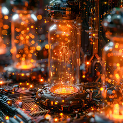 Obraz premium A glowing, glowing, glowing object is inside a glass container. Scene is one of wonder and awe, as the viewer is drawn in by the bright