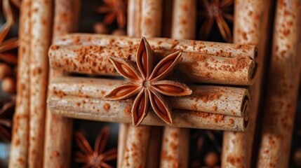 Cinnamon columns on a white background. Top view 