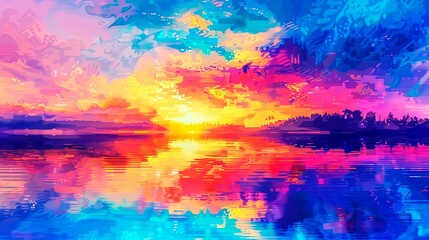 An image of a vibrant sunset over a serene lake, with colorful reflections shimmering on the water, a testament to the mesmerizing allure of nature.