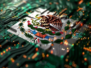 Futuristic 3D flag of Mexico, featuring digital Aztec symbols merged with modern tech aesthetics
