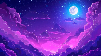 Purple gradient mystical moonlight sky with clouds and stars, a mesmerizing view of the night sky, where the moonlight casts a mystical glow on the clouds.