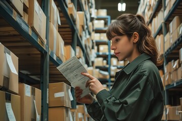 Fototapeta premium Woman Reviewing Document in Warehouse