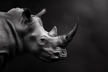 Fototapeta premium A black and white close-up portrait of a rhino isolated against a black background