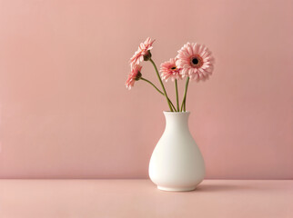 A white vase with pink gerbera daisies over a pink wall