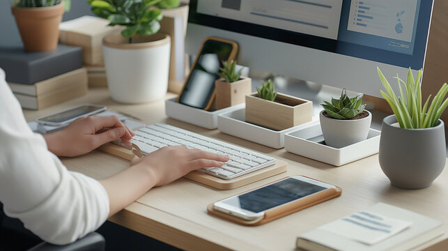 Office worker using minimalist desk accessories for organization
