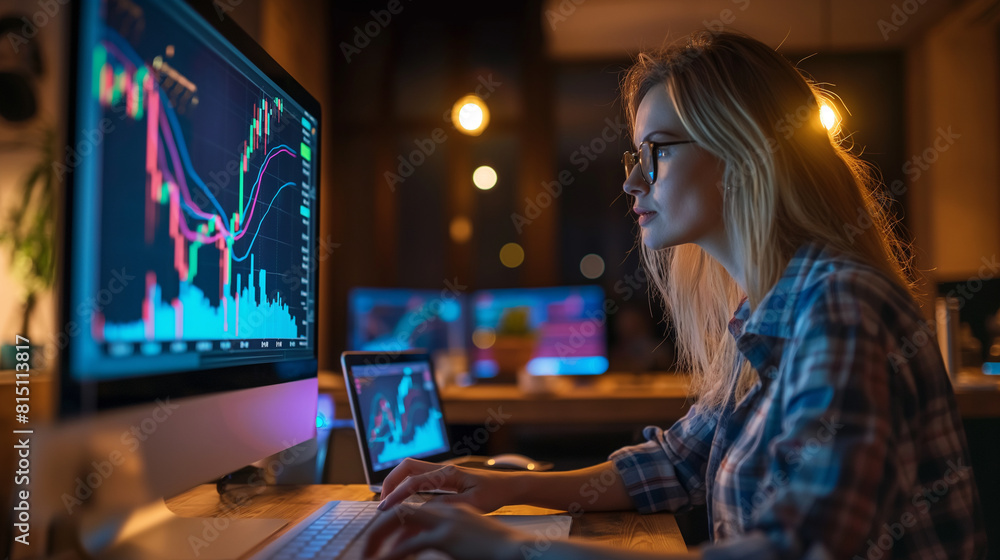 Wall mural Businesswoman analyzing stock market performance on a minimalist computer