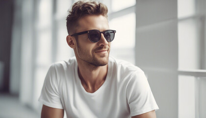Portrait of happy man in white t-shirt and wearing sunglasses, isolated on white background

