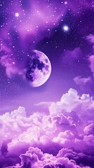 Purple gradient mystical moonlight sky with clouds and stars, a stunning display of nature's nocturnal beauty, where the moon and stars illuminate the night.