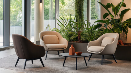 Office breakout area with minimalist lounge chairs