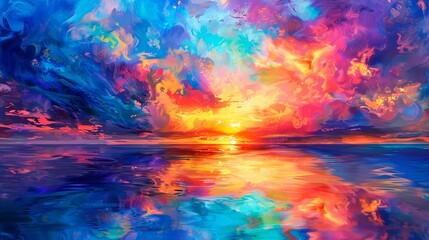 An image of a vibrant sunset over a serene lake, with colorful reflections shimmering on the water, capturing the ethereal charm of sunset hues.