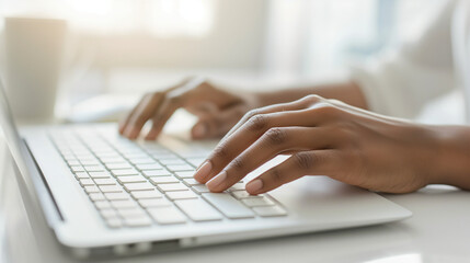 Close-up of a focused office worker typing on a sleek minimalist keyboard
