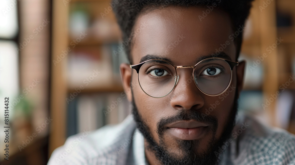 Poster close-up of an office worker's face with a calm expression during a minimalist brainstorming session
