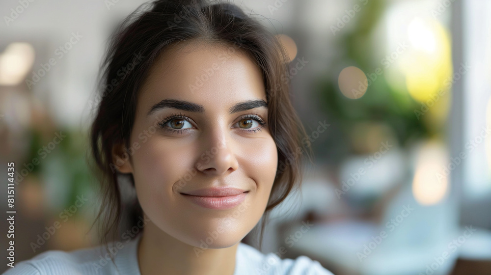 Poster close-up of an office worker's face with a calm expression during a minimalist brainstorming session