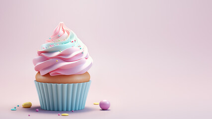 A festive cupcake with pink and blue cream and sprinkles on plain background with copy space in 3d style.