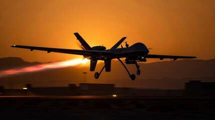 Jet Black Unmanned Aerial Vehicle (UAV) Launching at Dusk, Focus on Drone Technology