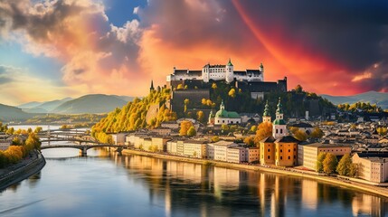 Austria, Rainbow over Salzburg castle generate ai