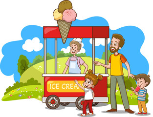 Families buying ice cream in the park buy the ice cream sold on the truck
