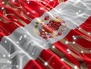 Futuristic 3D flag of Peru, featuring digital Inca symbols on a techoriented and innovative background