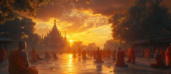 Monks Receive Alms at Dawn: A Serene Temple Glowing with First Light