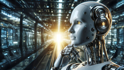 Humanoid robot in thoughtful pose on an out of focus technological background