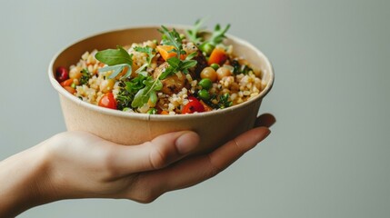 Hand holding vibrant Asian quinoa salad in eco-friendly bowl, emphasizing street food culture &...