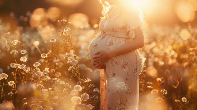 Pregnant woman cradles her belly amidst wildflowers at sunset