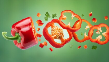 rote paprika in stücke nach unten fallend mit Bewegungsunschärfe, grüne Hintergrund.