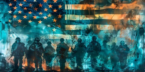 Soldiers in front of American flag military art capturing Memorial Day. Concept Memorial Day Tribute, American Soldiers, Military Art, Patriotic Photoshoot