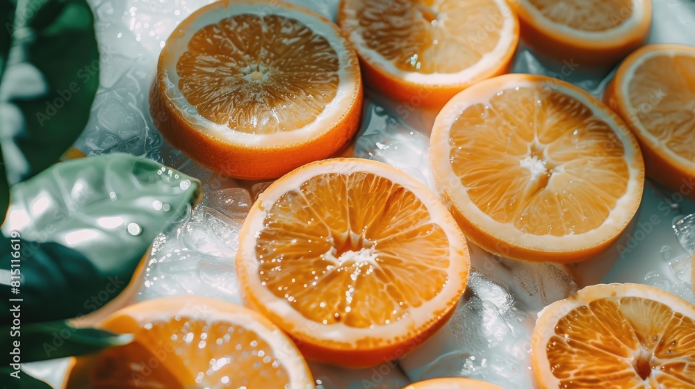 Poster sliced oranges displayed on the table