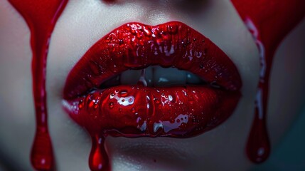 Closeup of sensual lips with red heartpatterned lip gloss, resembling dripping paint