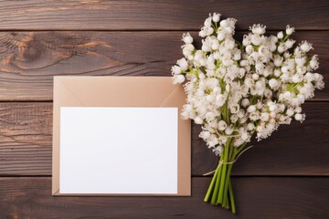 Delicate Lily of the Valley bouquet lies beside a blank card, an invitation to write personal and heartfelt messages. Lily of the Valley Bouquet and Blank Card