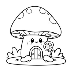 Vector illustration of a cute MushroomHouse doodle for kids coloring worksheet