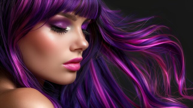 Closeup of a model with striking purple hair and bold makeup