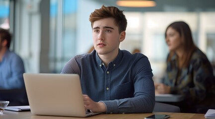 A young professional is sitting at a table in front of his team, discussing project plans on their laptops. The scene captures them engaged during discussion within an office ambiance. generative AI