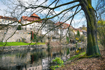 Cesky Krumlov historic center, view of the riverside and the medieval castle. Bohemia, Czech Republic 