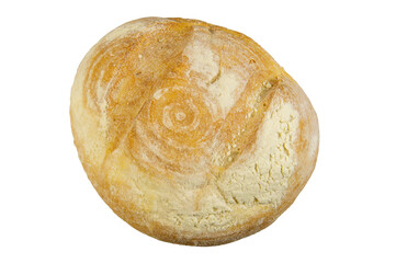 A round bread with a brown crust and a white interior. The bread is slightly frosted and has a...