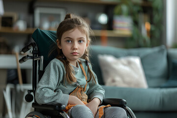 A young girl in a wheelchair sits in a living room