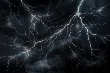 Abstract black lightning bolts crackling and arcing across a dark sky, illuminating the night with...