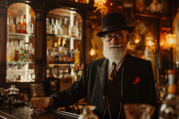 A man in a hat and glasses stands behind a bar - Powered by Adobe