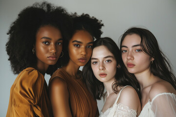 Fototapeta premium Four women with different hair types and skin tones are posing for a photo